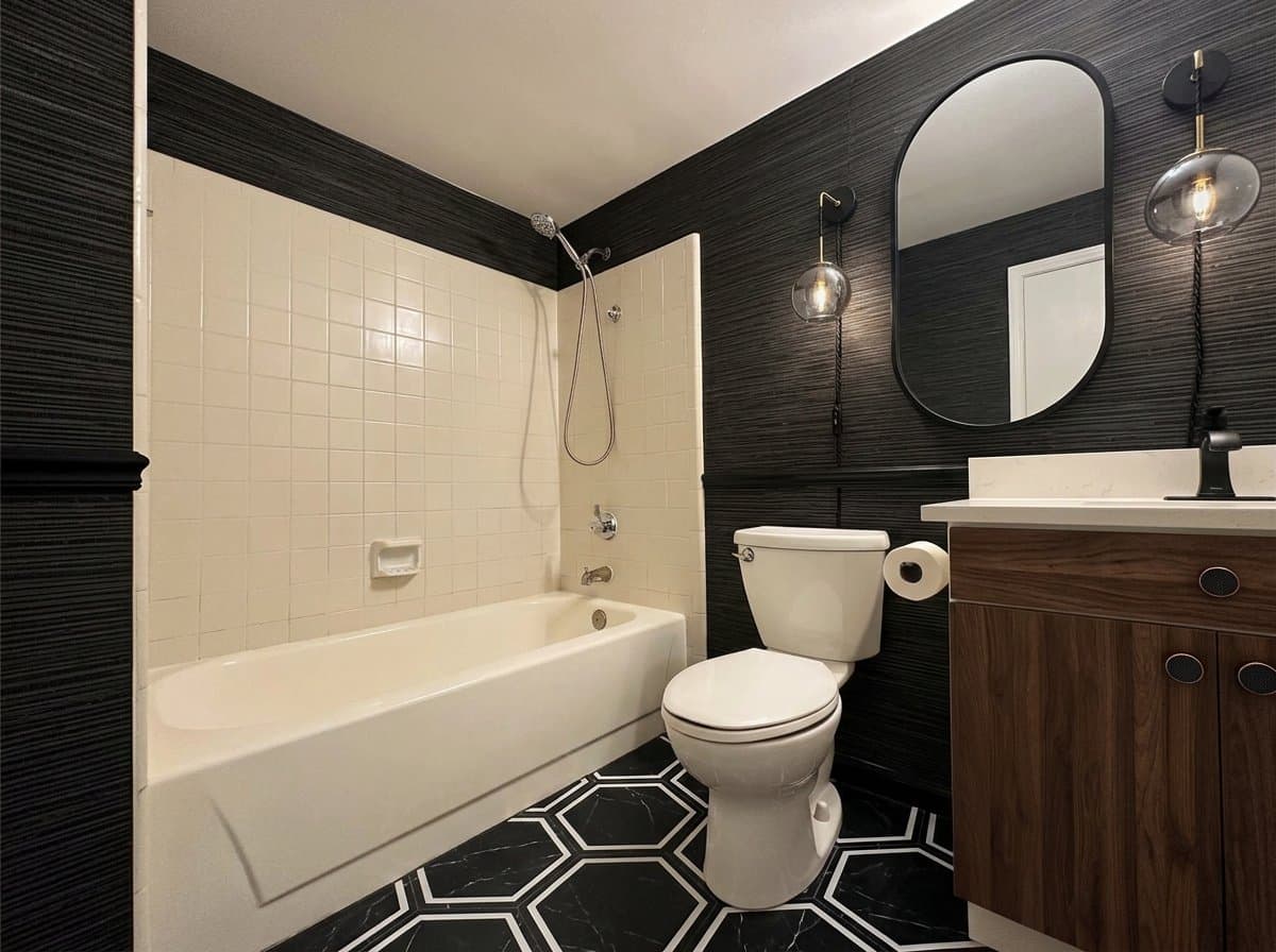 The same bathroom redesigned in the walnut noir style.