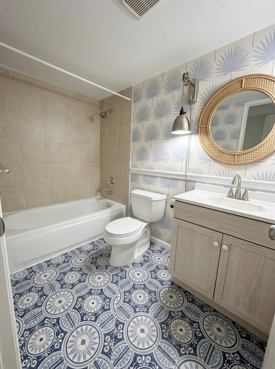 The same bathroom redesigned in the powder blue coast style.