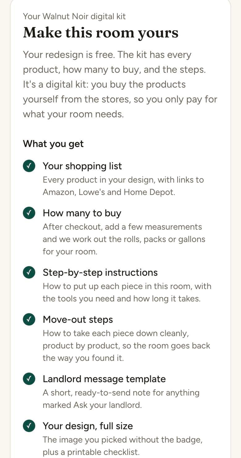 The app's digital kit: a shopping list, how many to buy, step-by-step instructions, move-out steps and a landlord message.