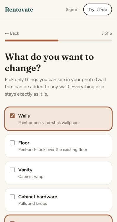 The app asking what to change, with Walls ticked.