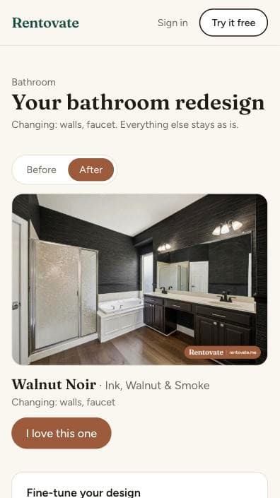 The app showing the same bathroom redesigned in the Walnut Noir style, with dark grasscloth-look walls.