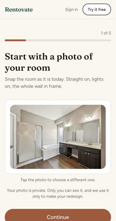 The app's first step, showing a photo of a rental bathroom ready to upload.