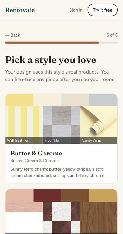 The app's style picker, showing each style's real wallpaper, floor tile and vanity wrap.